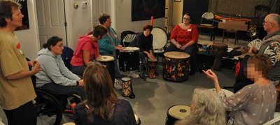 RPG Research running adaptive drum circle facilitation training workshop as fundraiser for RPG Research, at Indie Air Radio studio.